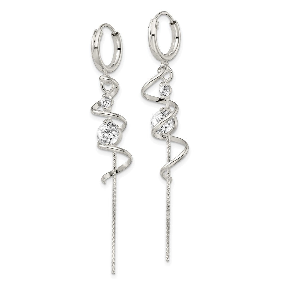 Sterling Silver Polished CZ Spiral & Chain Dangle Hinged Hoop Earrings