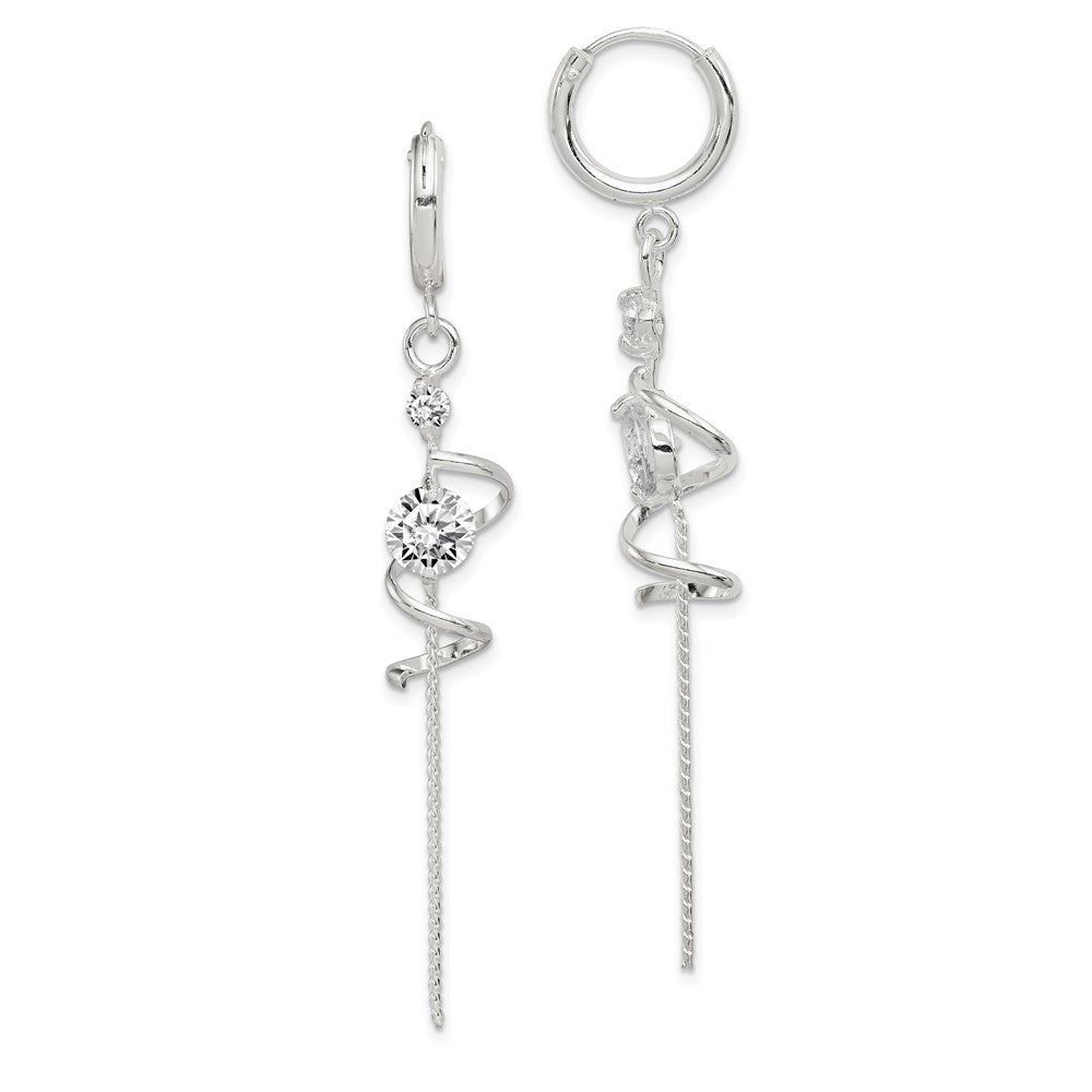 Sterling Silver Polished CZ Spiral & Chain Dangle Hinged Hoop Earrings