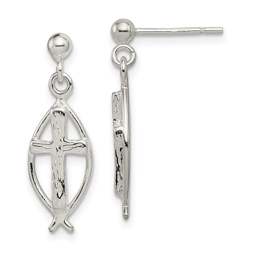 Sterling Silver Polished Antiqued & Textured Ichthus & Cross Post Dangle Earrings