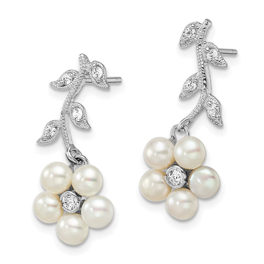Sterling Silver Rhodium-plated 3- White semi-Round Freshwater Cultured Pearl CZ Flower Post Earrings