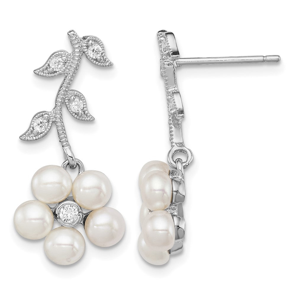 Sterling Silver Rhodium-plated 3- White semi-Round Freshwater Cultured Pearl CZ Flower Post Earrings