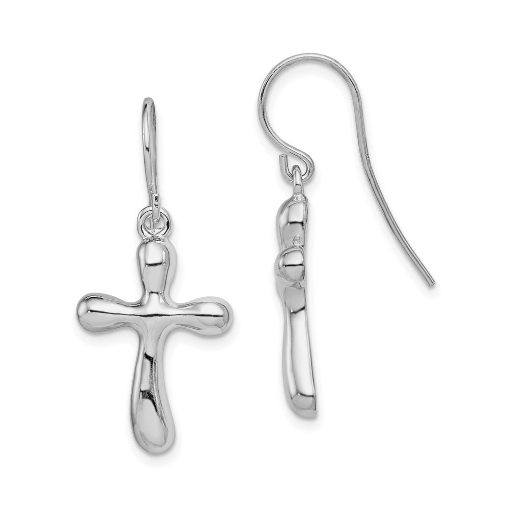 Sterling Silver Rhodium-plated Polished Wavy Cross Dangle Earrings