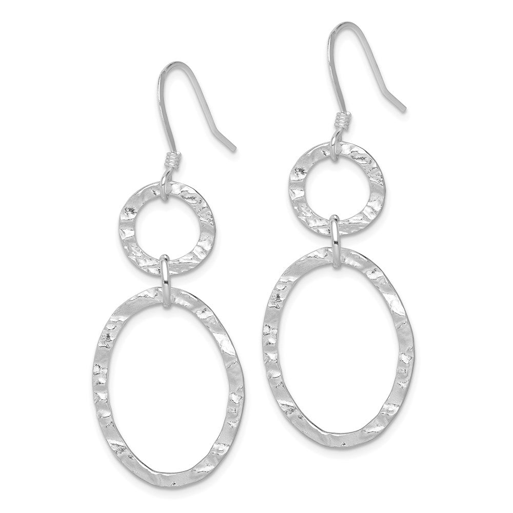Sterling Silver RH-plated Polished & Hammered Circle & Oval Dangle Earrings
