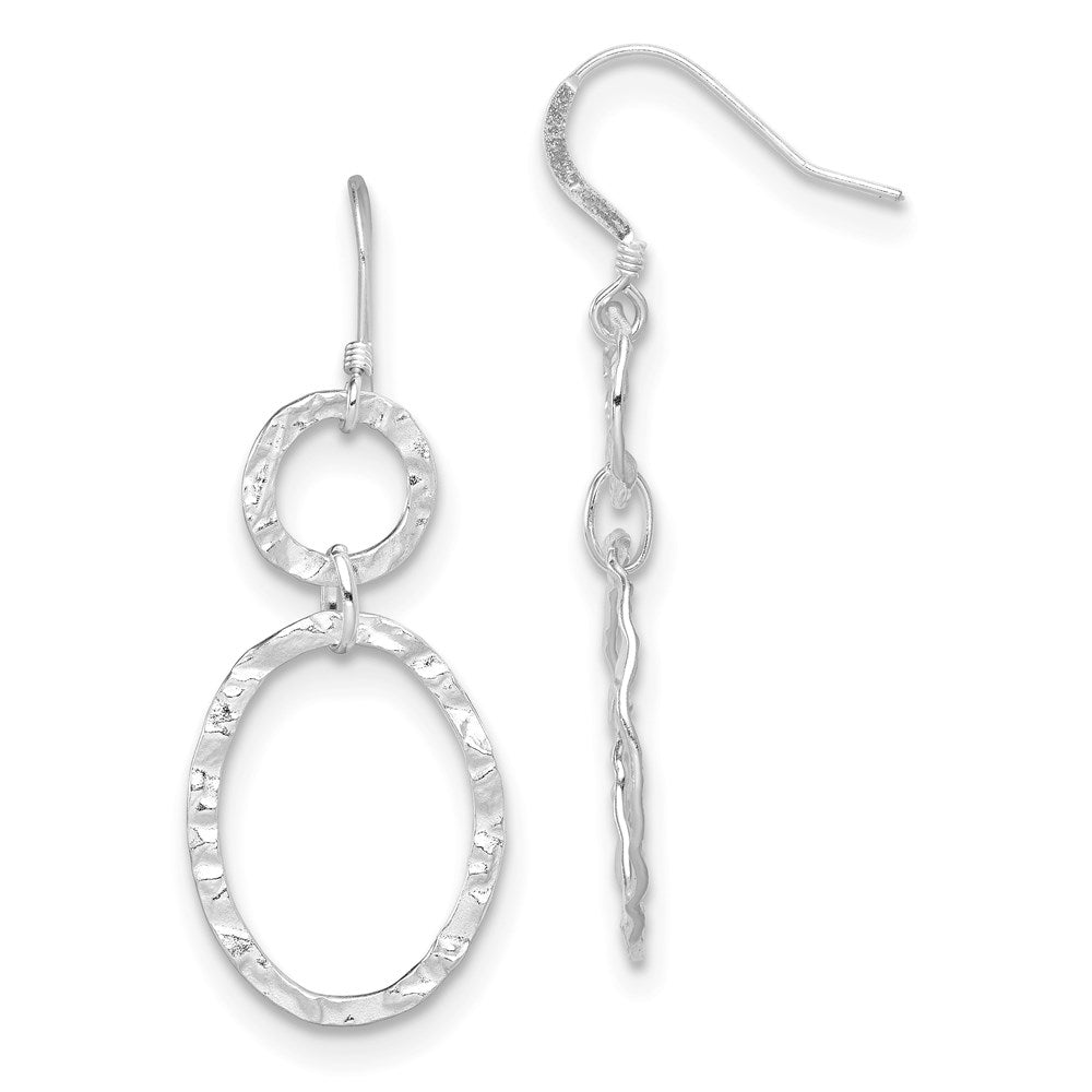 Sterling Silver RH-plated Polished & Hammered Circle & Oval Dangle Earrings