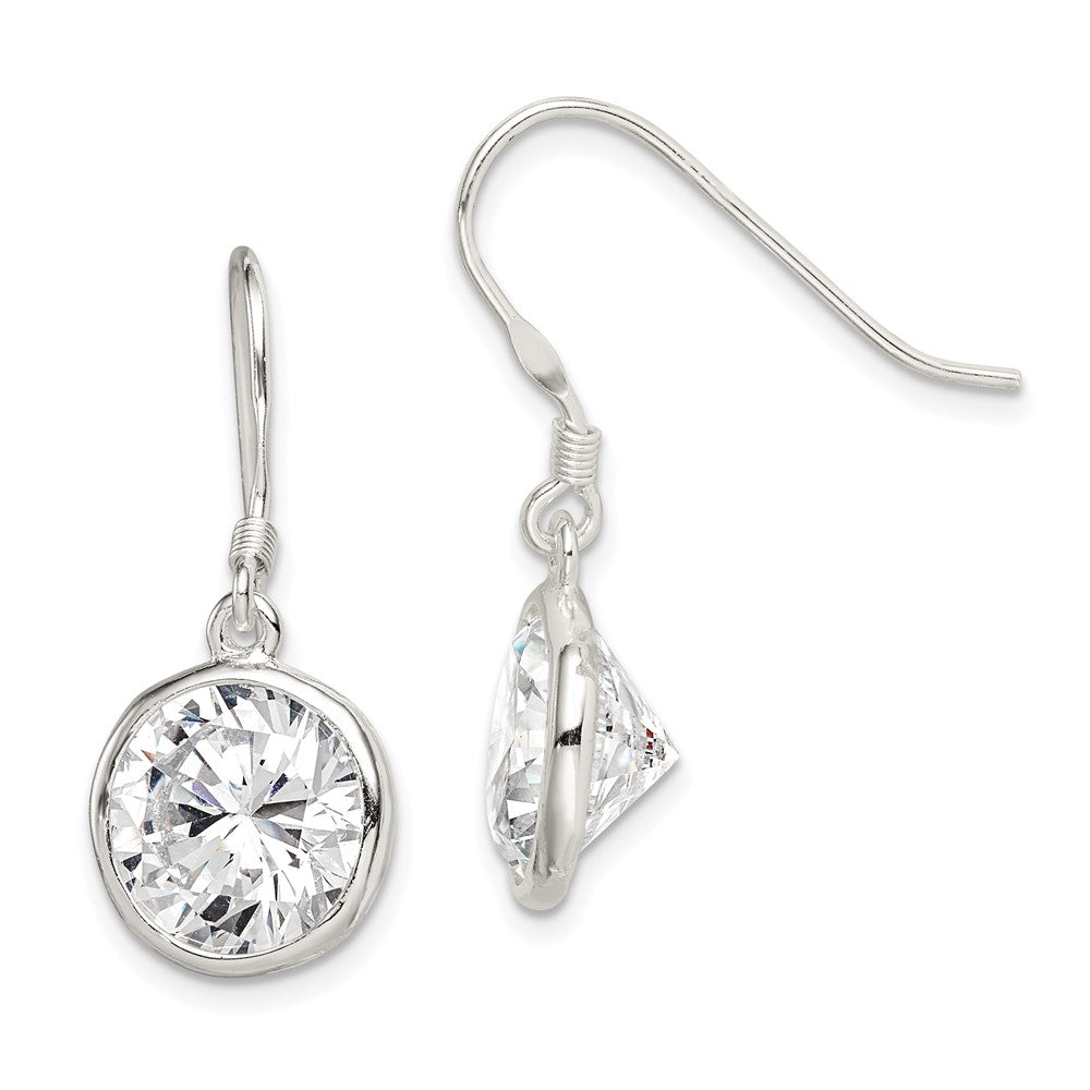 Sterling Silver Polished Round CZ Bezel Set Dangle Earrings