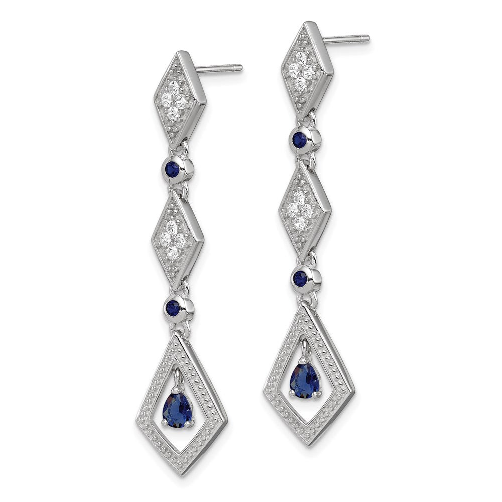 Sterling Silver Rhodium-plated Polished & Beaded Blue & White CZ Post Dangle Earrings
