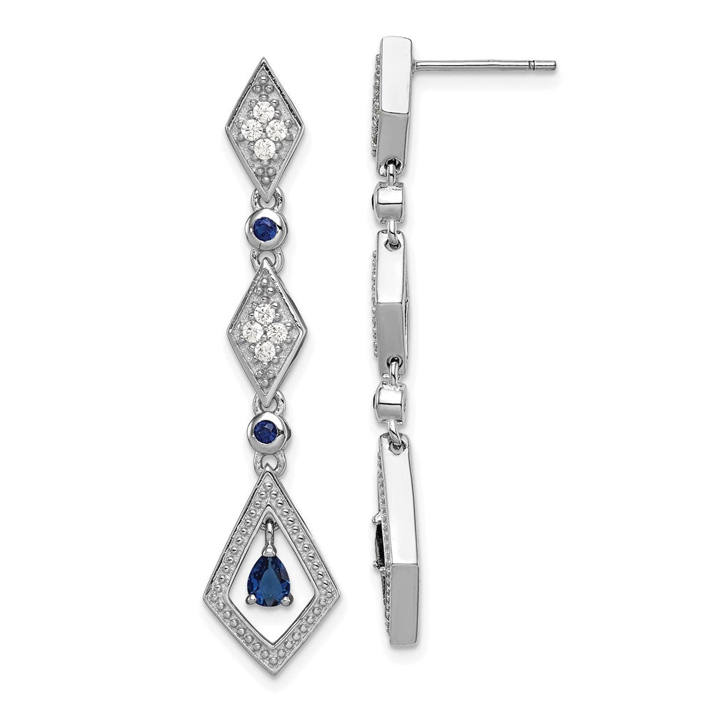 Sterling Silver Rhodium-plated Polished & Beaded Blue & White CZ Post Dangle Earrings