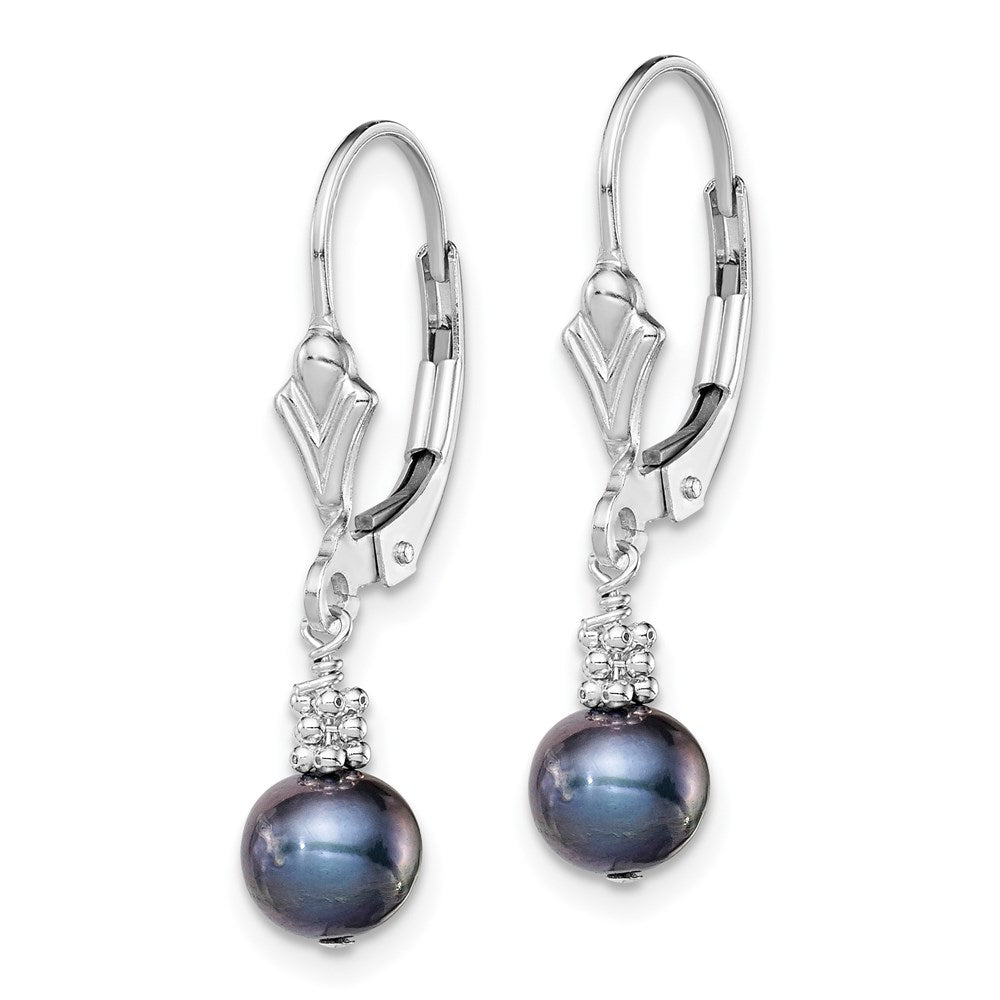 Sterling Silver Rhodium-plated 6- Black Near-Round Freshwater Cultured Pearl Leverback Dangle Earrings