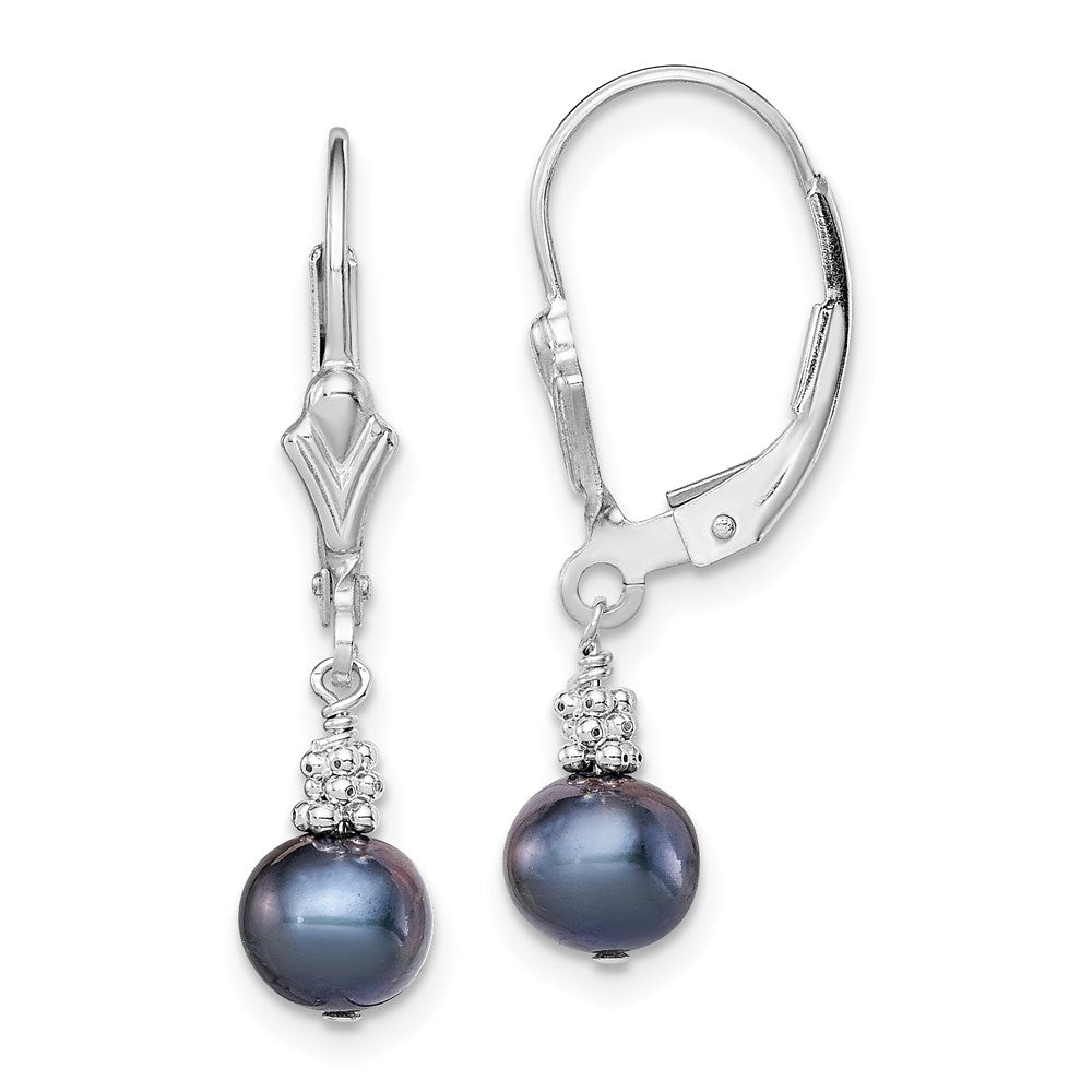 Sterling Silver Rhodium-plated 6- Black Near-Round Freshwater Cultured Pearl Leverback Dangle Earrings