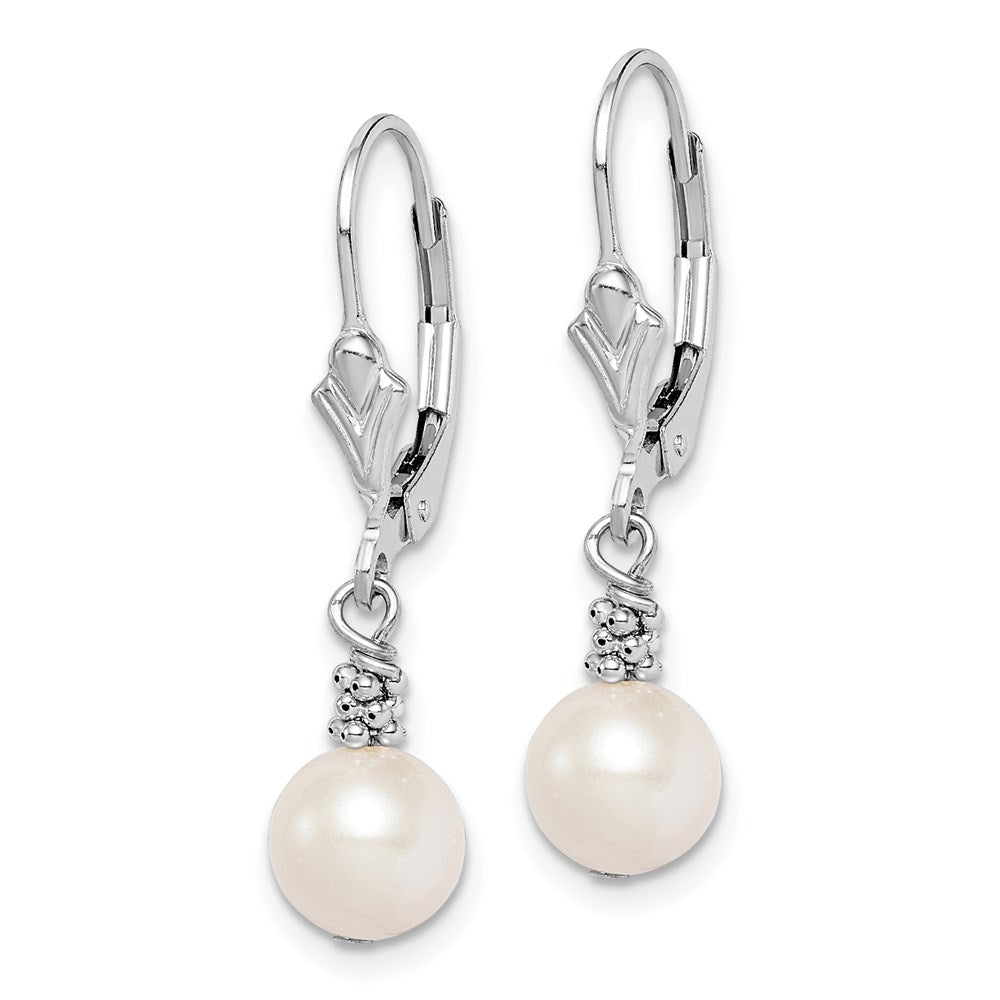 Sterling Silver Rhodium-plated Beaded 6- White Near-Round Freshwater Cultured Pearl Leverback Dangle Earrings