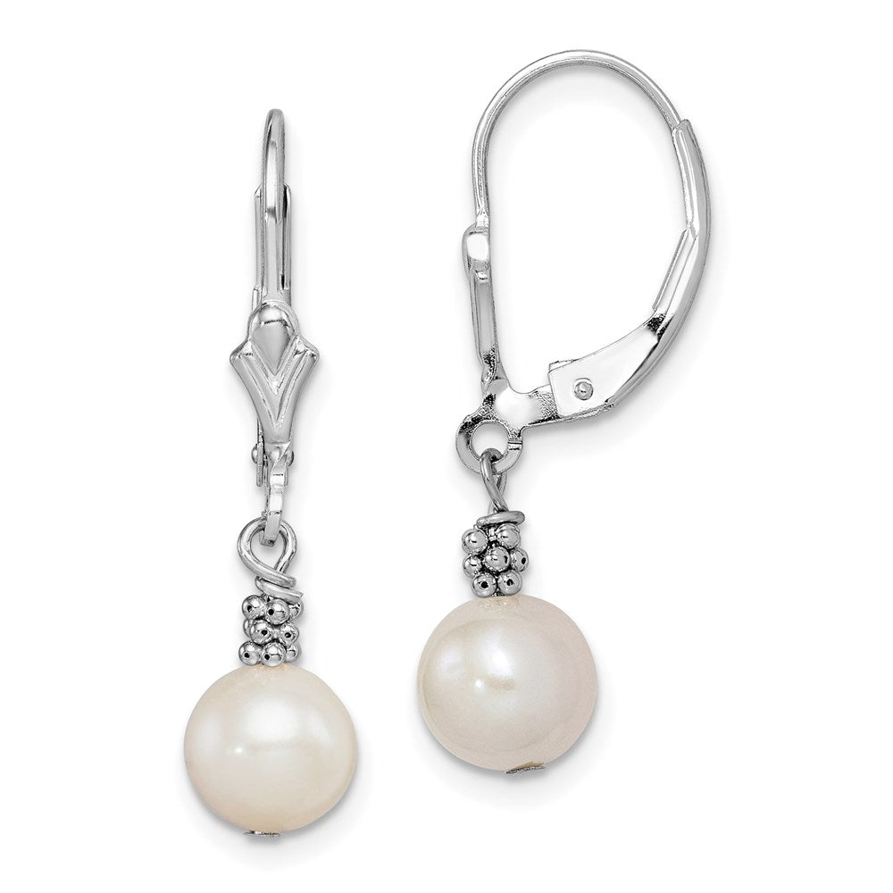 Sterling Silver Rhodium-plated Beaded 6- White Near-Round Freshwater Cultured Pearl Leverback Dangle Earrings