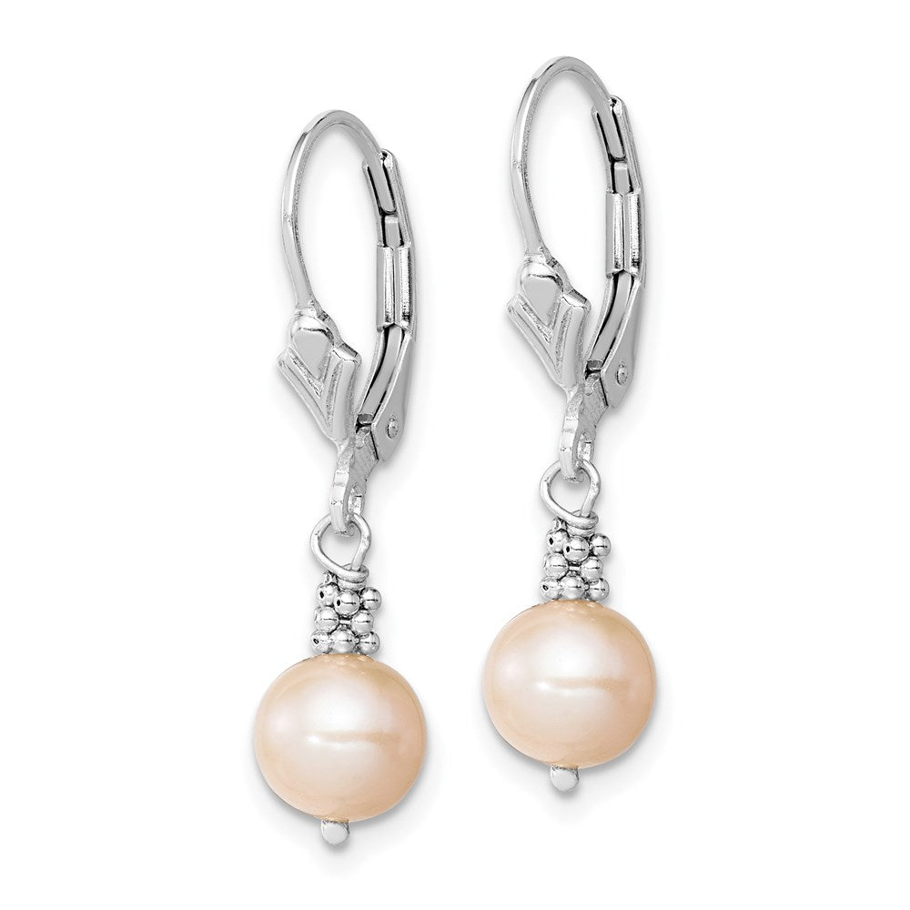 Sterling Silver Rhodium-plated Polished & Beaded Pink 6- Freshwater Cultured Pearl Leverback Dangle Earrings