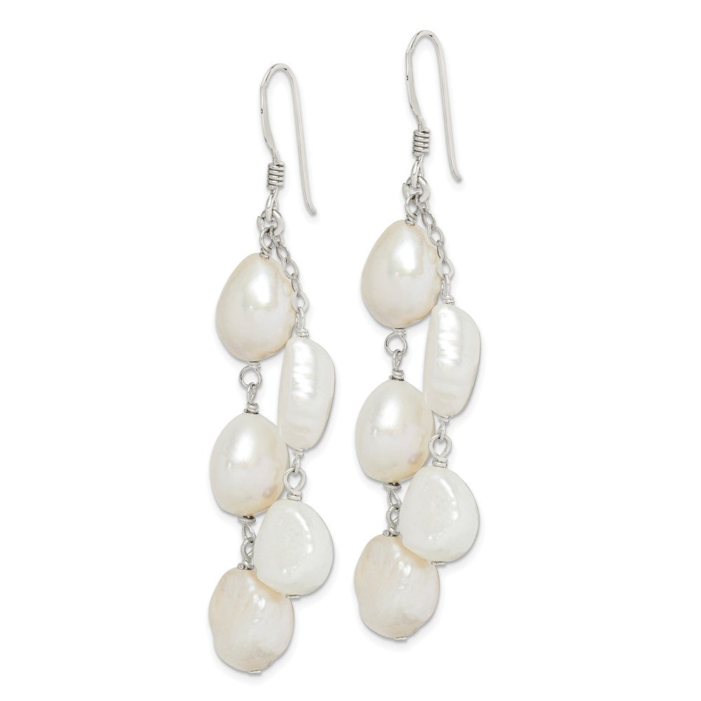 Sterling Silver Polished White 8- Baroque Freshwater Cultured Pearl Two-Strand Dangle Earrings