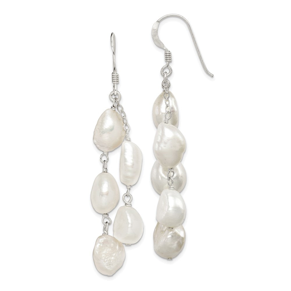 Sterling Silver Polished White 8- Baroque Freshwater Cultured Pearl Two-Strand Dangle Earrings