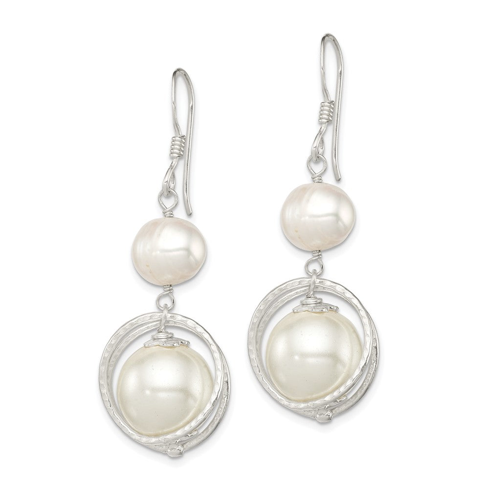 Sterling Silver Polished & Textured White 8- Freshwater Cultured Pearl & 11- Shell Pearl Dangle Earrings