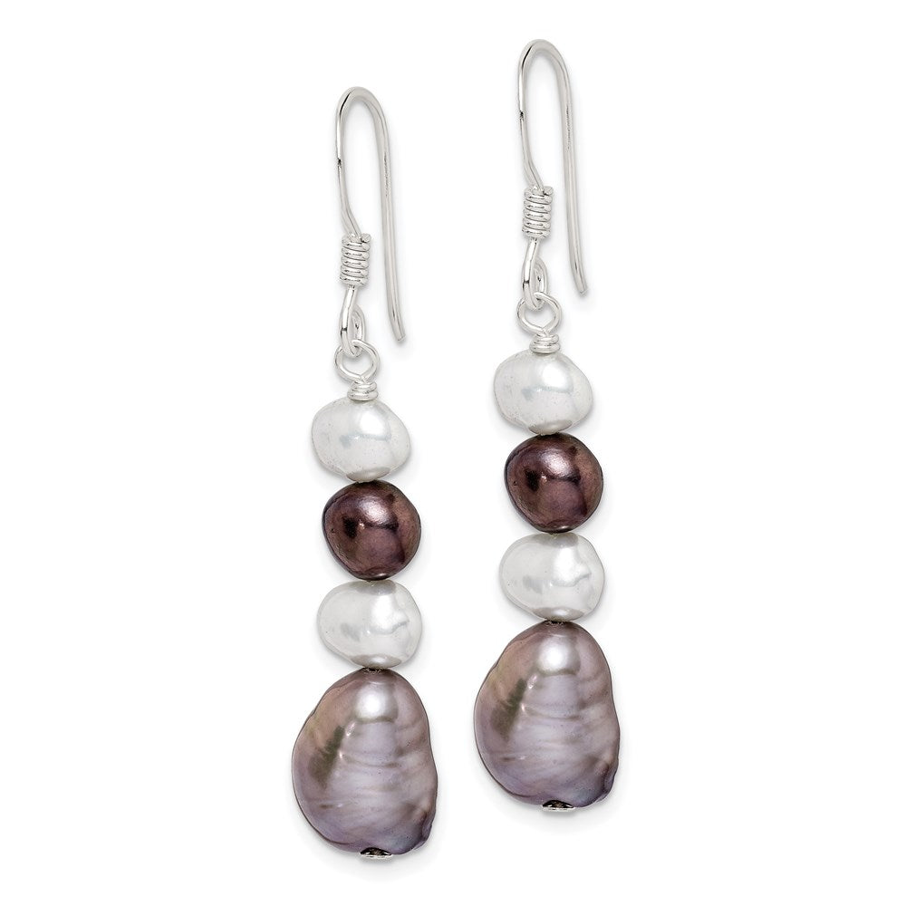 Sterling Silver Polished Black/White/Grey 6- Baroque Freshwater Cultured Pearl Dangle French Hook Earrings