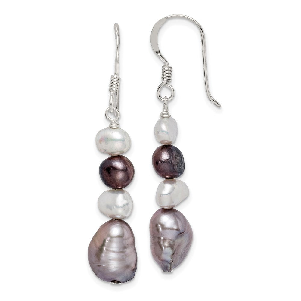 Sterling Silver Polished Black, White and Grey 6- Freshwater Cultured Pearl Dangle Earrings