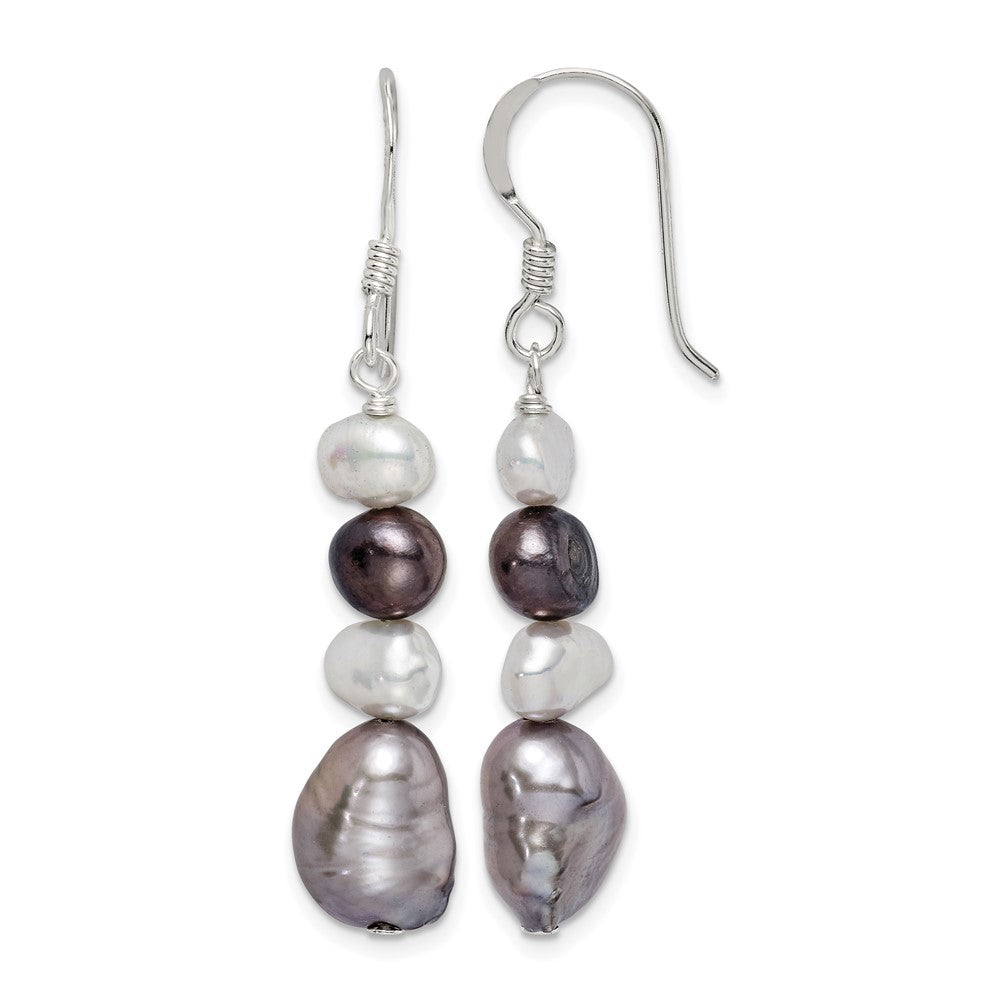 Sterling Silver Polished Black/White/Grey 6- Baroque Freshwater Cultured Pearl Dangle French Hook Earrings