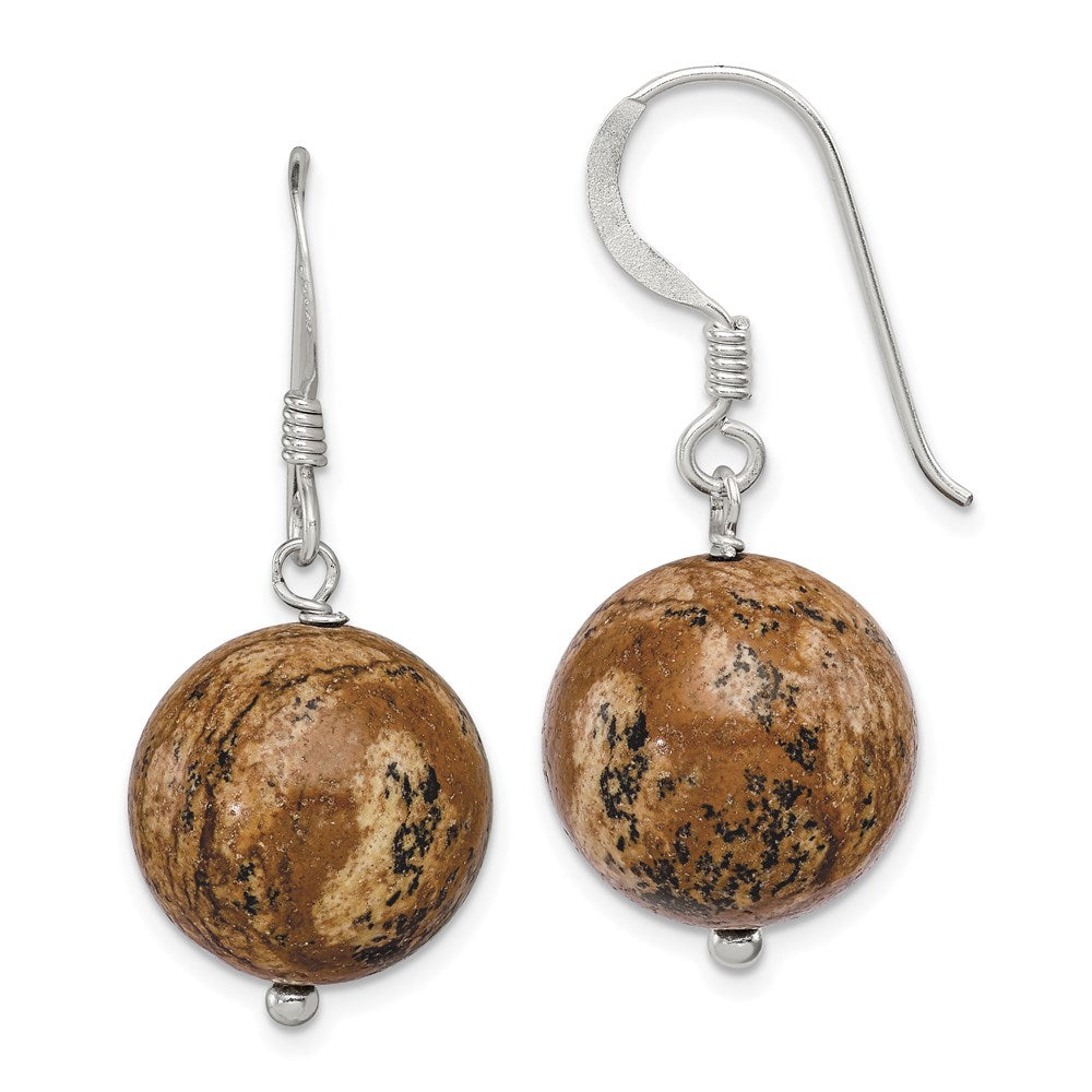 Sterling Silver Polished Round Picture Jasper Dangle Earrings