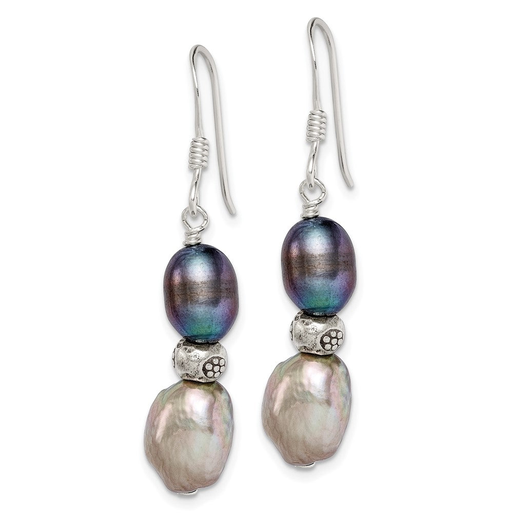 Sterling Silver Polished Antiqued & Beaded Grey & Black 7- Freshwater Cultured Pearl Dangle Earrings