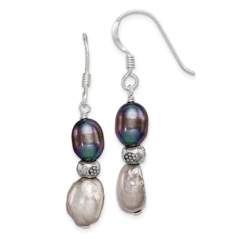 Sterling Silver Polished Antiqued & Beaded Grey & Black 7- Freshwater Cultured Pearl Dangle Earrings
