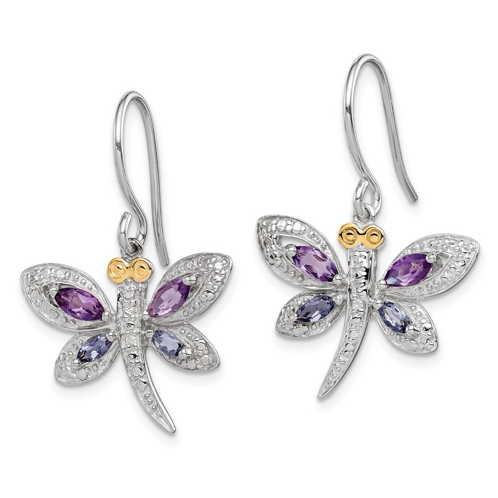 Brilliant Gemstones Sterling Silver with 14K Accent Rhodium-plated Amethyst/Iolite/Diamond Dragonfly Earrings