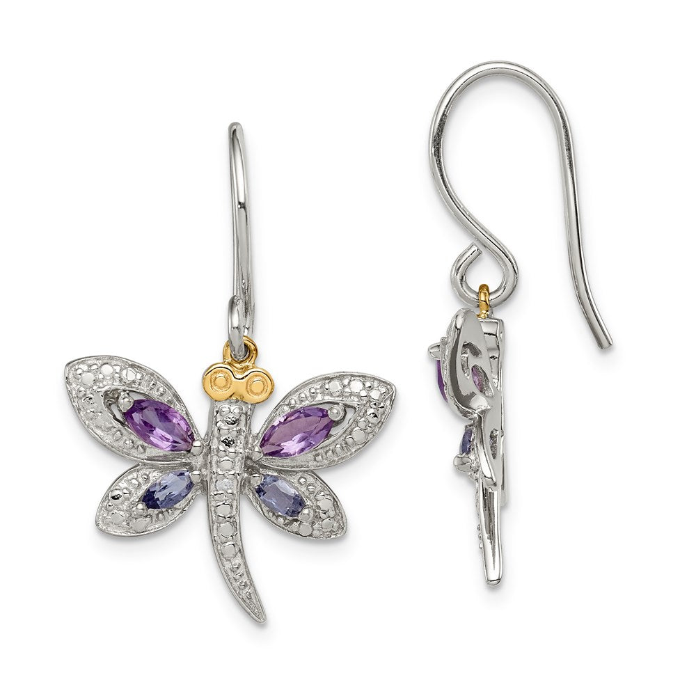 Brilliant Gemstones Sterling Silver with 14K Accent Rhodium-plated Amethyst and Iolite and Diamond Dragonfly Earrings