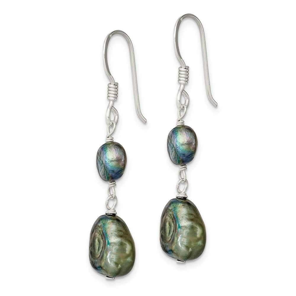 Sterling Silver Polished 5- Black Baroque Freshwater Cultured Pearl Dangle Earrings