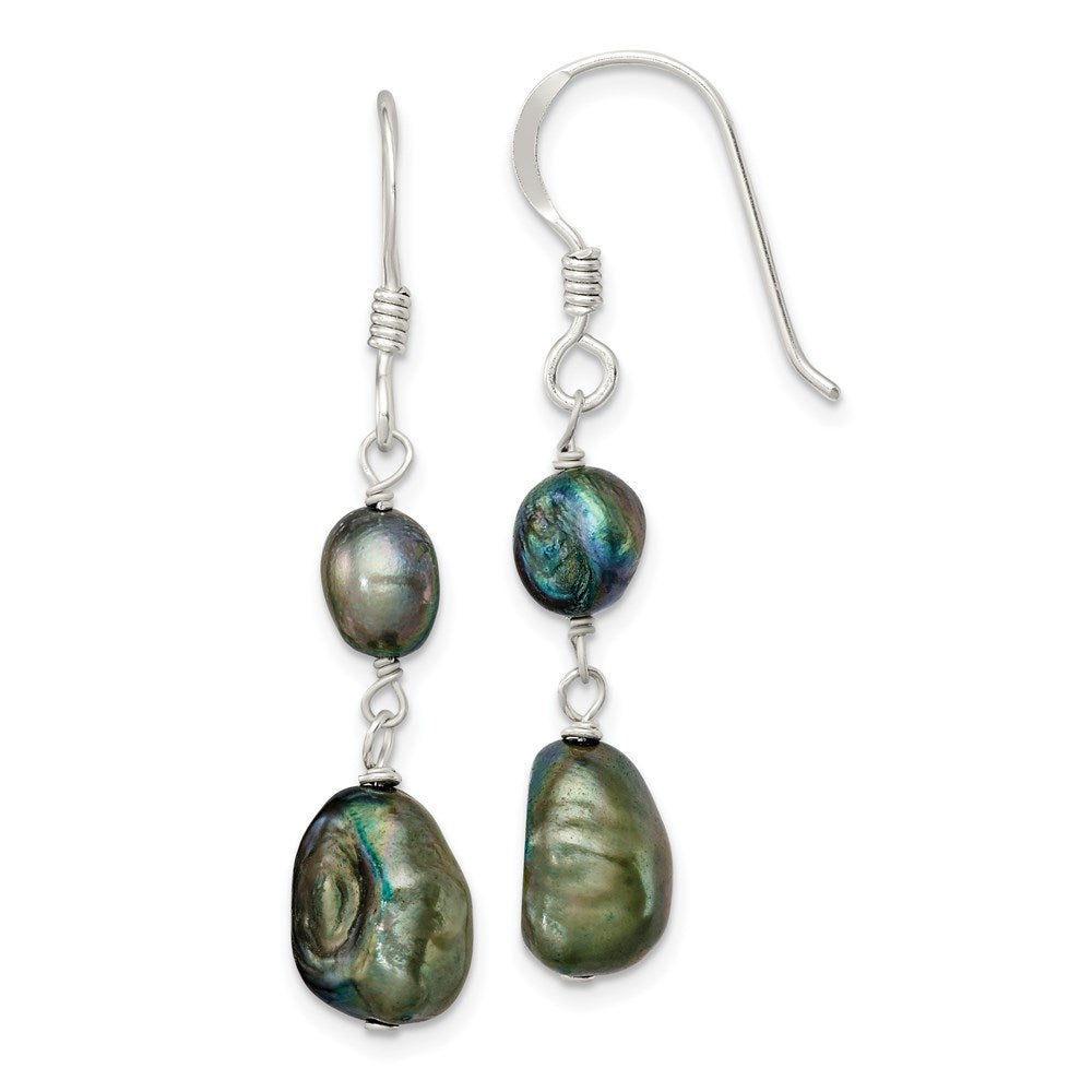 Sterling Silver Polished 5- Black Baroque Freshwater Cultured Pearl Dangle Earrings