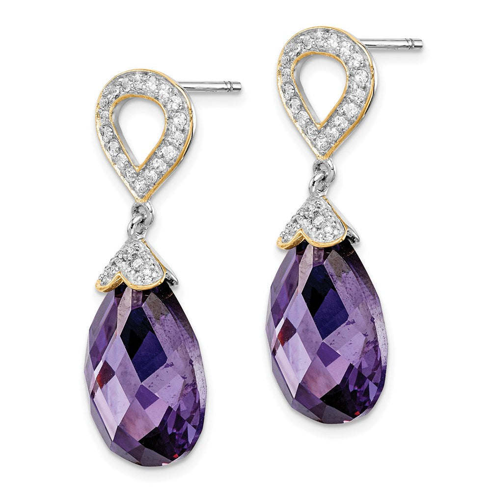Sterling Silver w/ Gold-tone Vermeil Fancy Purple & White CZ Teardrop Post Dangle Earrings