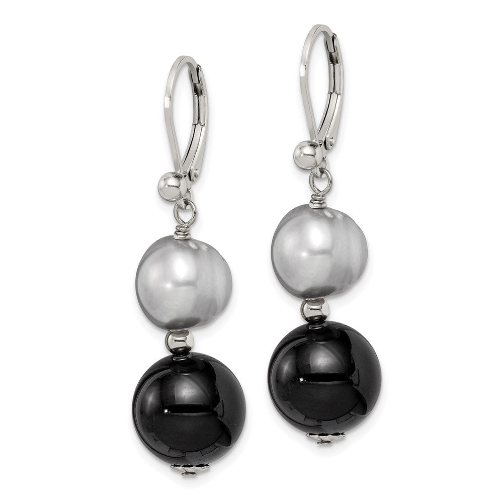 Sterling Silver Polished Black Agate & Grey Freshwater Cultured Pearl Leverback Dangle Earrings