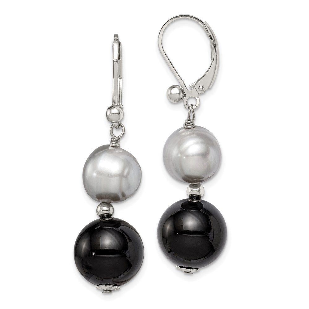Sterling Silver Polished Black Agate & Grey Freshwater Cultured Pearl Leverback Dangle Earrings