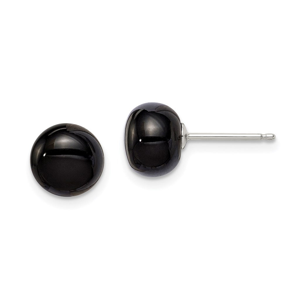 Sterling Silver Rhod-pltd 8- Black Agate Button Post Earrings