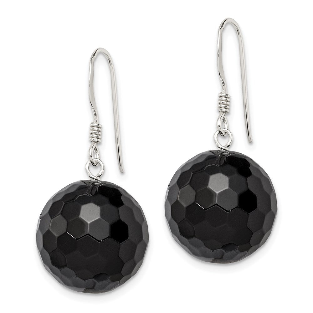 Sterling Silver Polished Faceted Onyx Bead Dangle Earrings