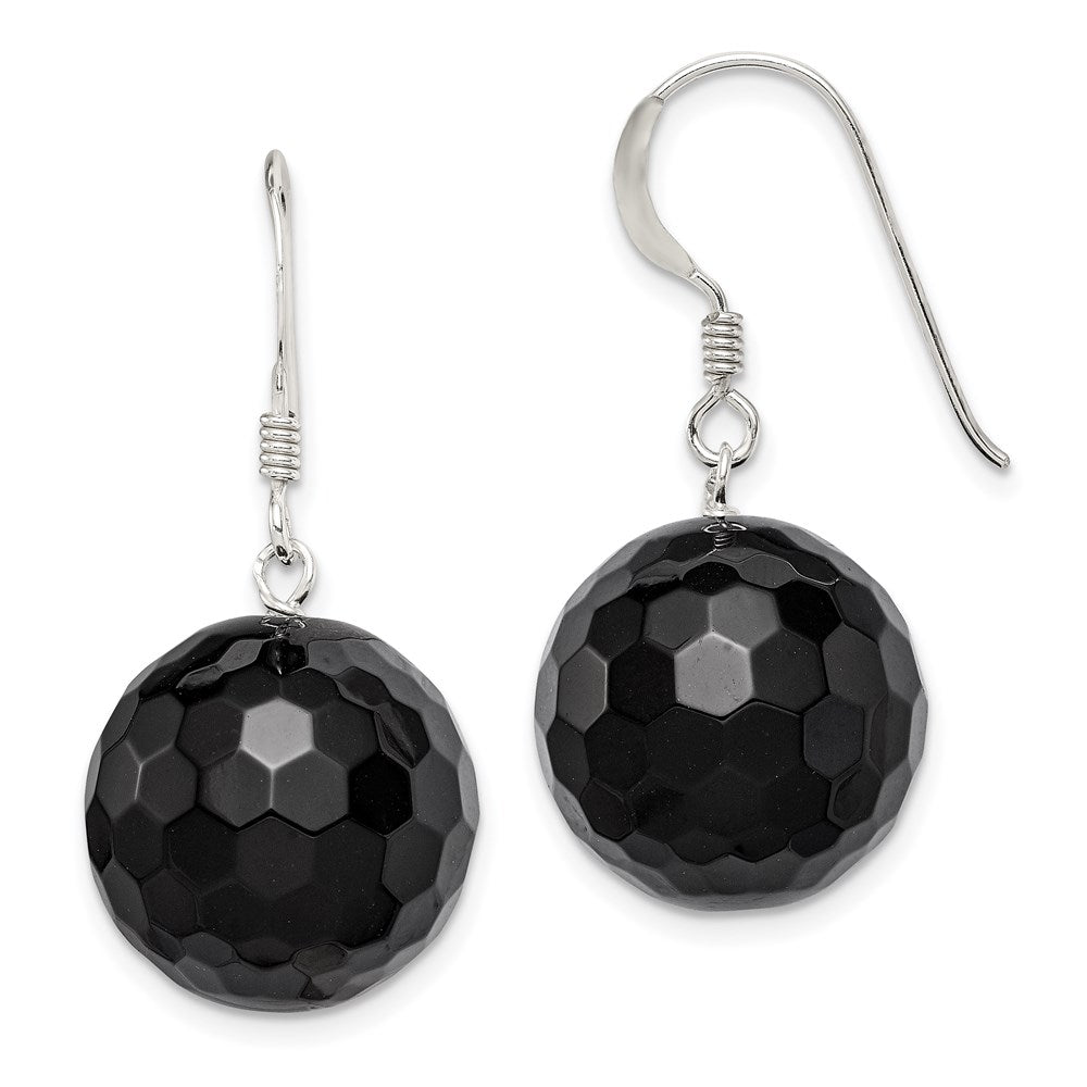Sterling Silver Polished Faceted Onyx Bead Dangle Earrings