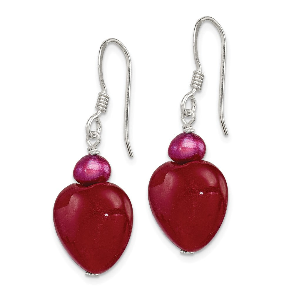 Sterling Silver Polished Red Freshwater Cultured Pearl and Red Jade Heart Dangle French Hook Earrings