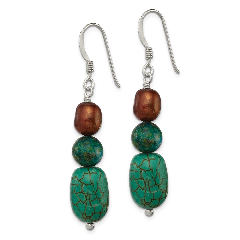 Sterling Silver Polished Brown Freshwater Cultured Pearl, Dyed Howlite & Stabilized Chrysocolla Dangle Earrings