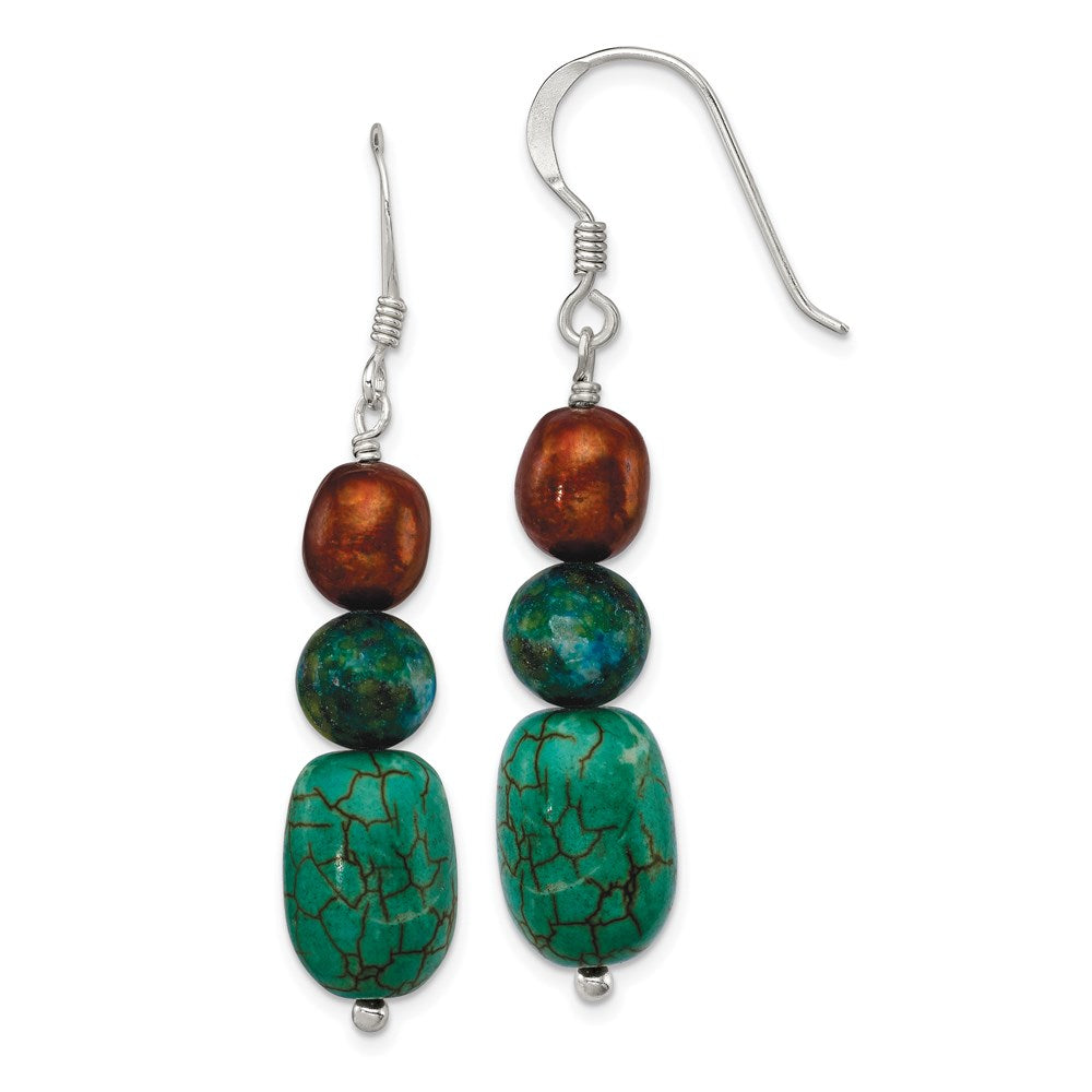 Sterling Silver Polished Brown Freshwater Cultured Pearl, Dyed Howlite & Stabilized Chrysocolla Dangle Earrings
