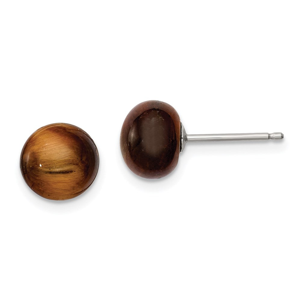 Sterling Silver Rhod-pltd 8- Tiger's Eye Button Post Earrings