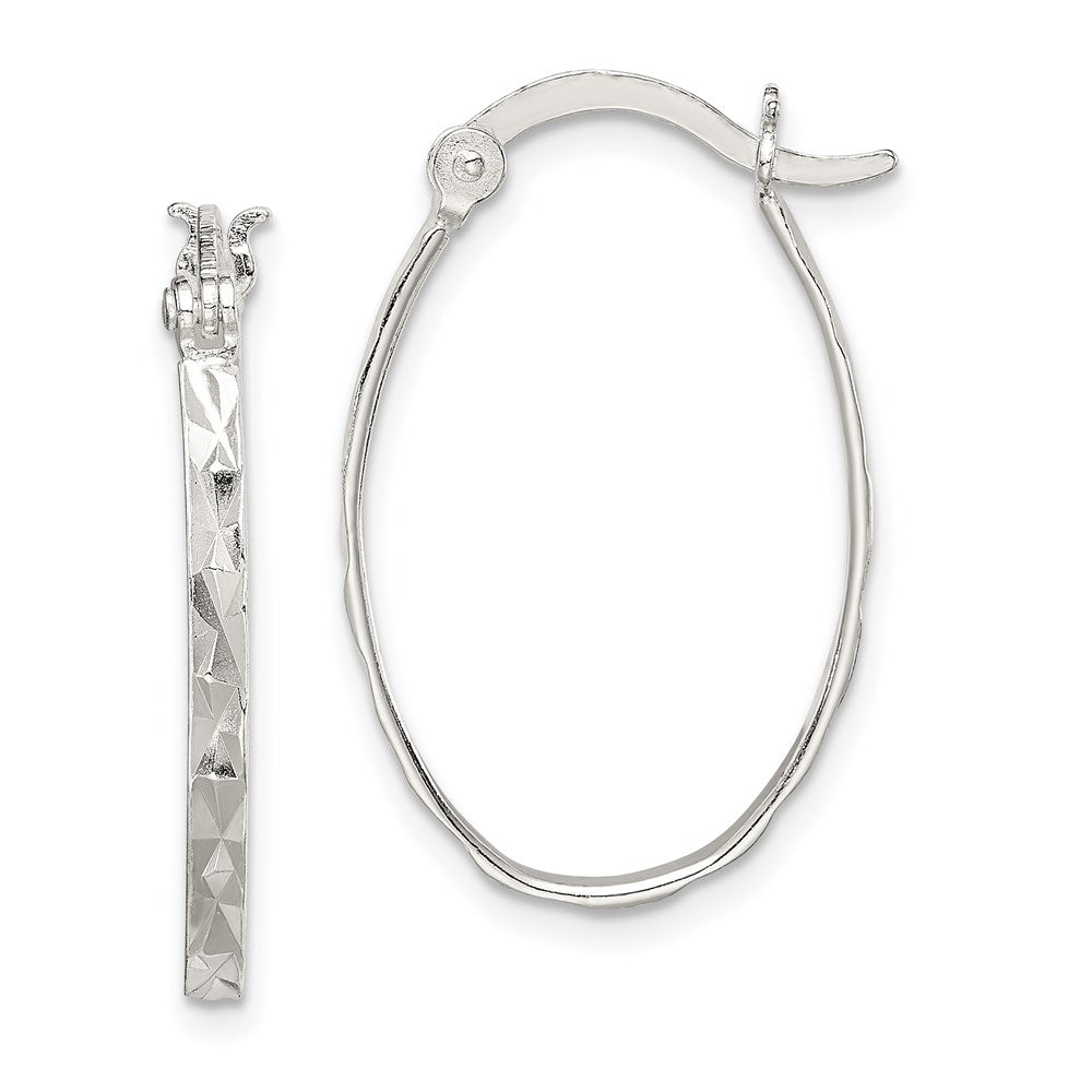 Sterling Silver Rhod-plated Polished/Textured Oval Hoop Earrings