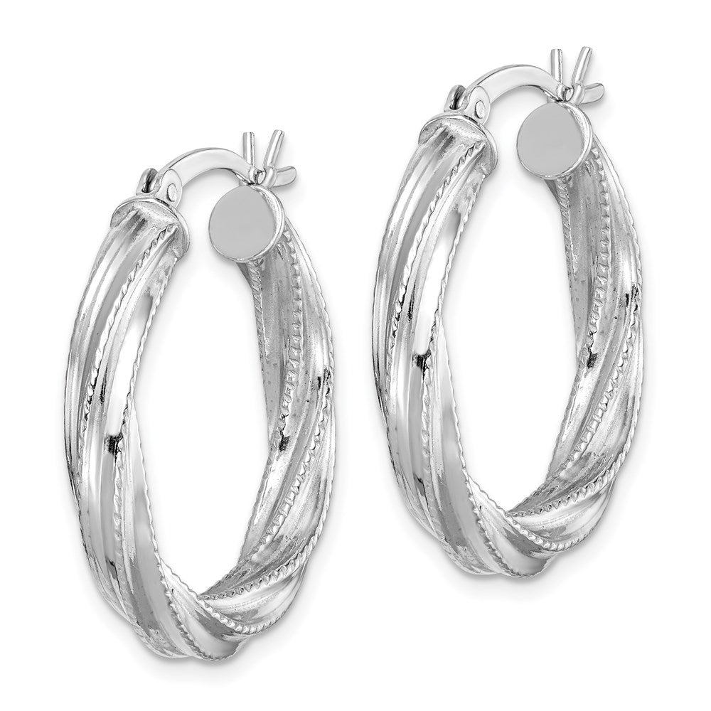 Sterling Silver Rhod-plated Patterned Twisted 4x Hoop Earrings