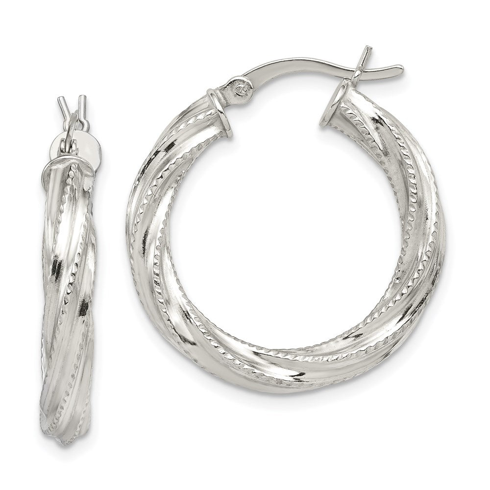 Sterling Silver Rhod-plated Patterned Twisted 4x Hoop Earrings