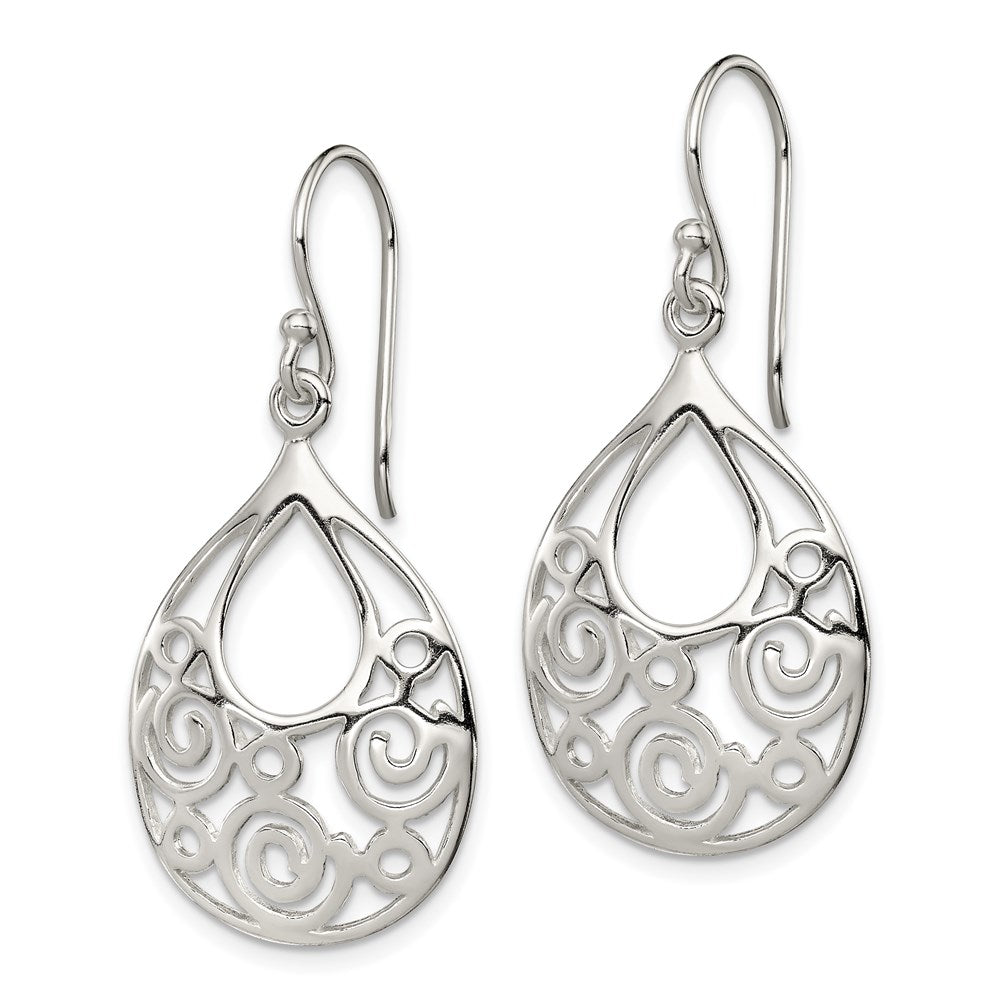 Sterling Silver Polished Filigree Teardrop Dangle Earrings