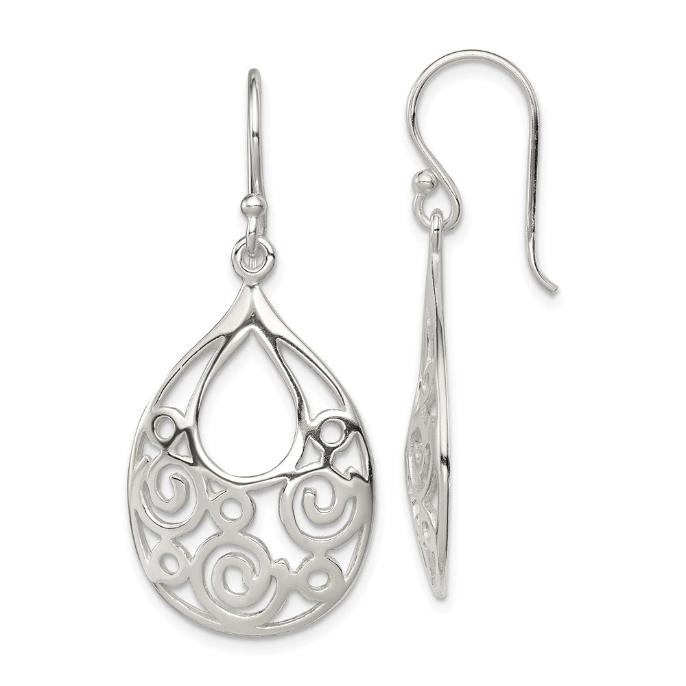 Sterling Silver Polished Filigree Teardrop Dangle Earrings