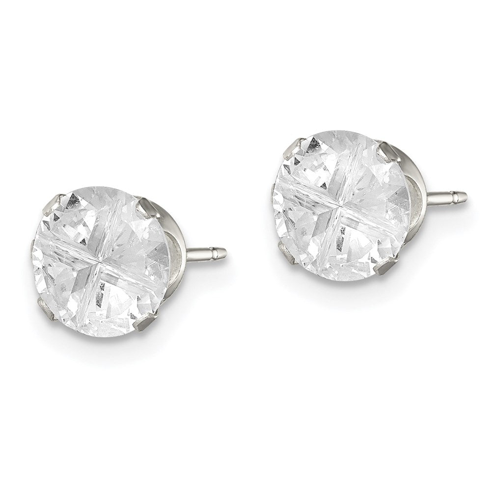 Sterling Silver Round Snap Set Cross-cut CZ Stud Earrings