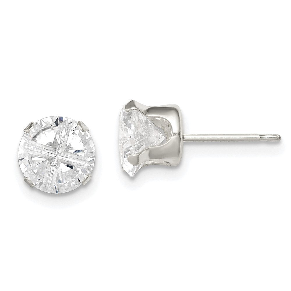 Sterling Silver Round Snap Set Cross-cut CZ Stud Earrings