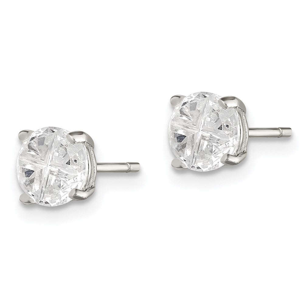 Sterling Silver Round Basket Set Cross-cut CZ Stud Earrings