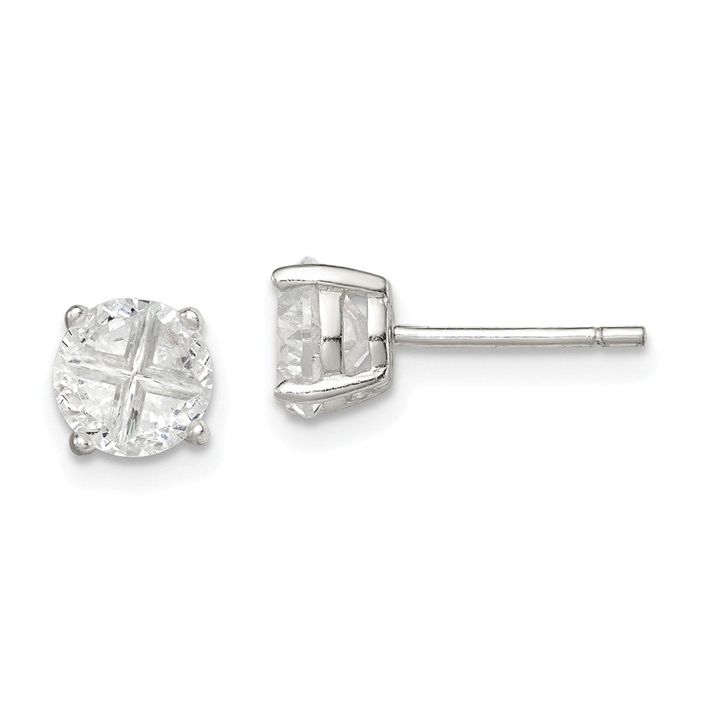 Sterling Silver Round Basket Set Cross-cut CZ Stud Earrings