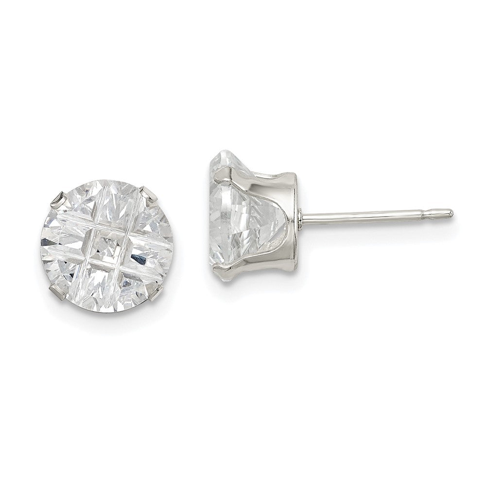 Sterling Silver Round Snap Set Laser-cut CZ Stud Earrings