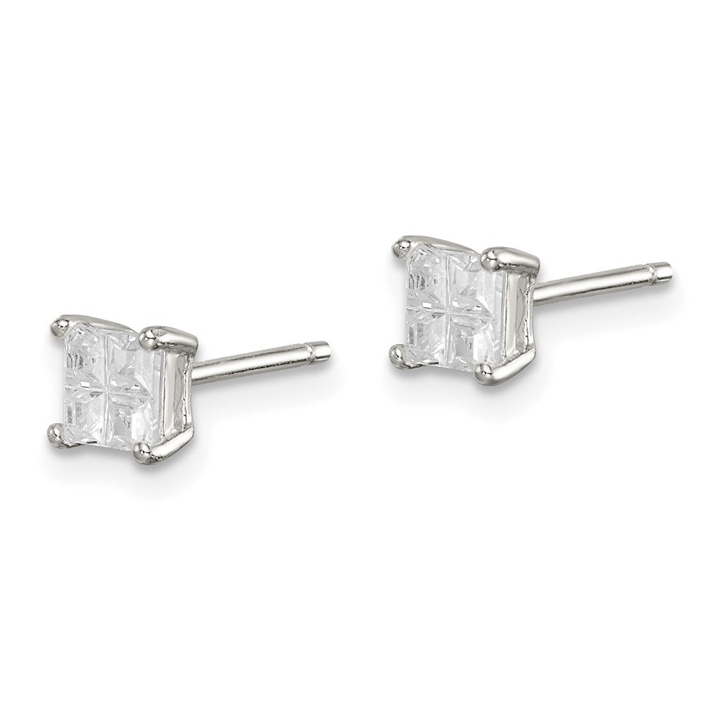 Sterling Silver Square Cross-cut CZ Basket Set Stud Earrings